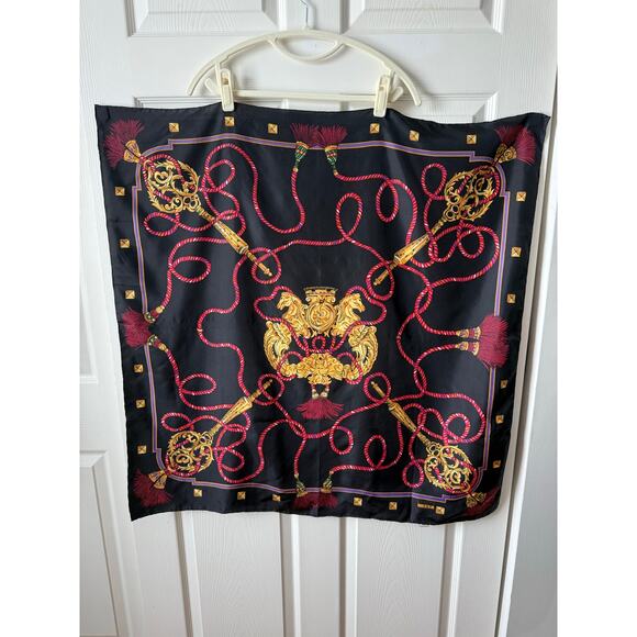 Leslie Fay Accessories - Leslie Fay Vintage‎ Silk Equestrian Scarf Black Gold Rope Print 34” Square